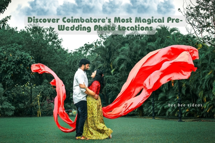 A couple's pre-wedding photoshoot in the lush greenery of Coimbatore with a dramatic red scarf, photographed by Bee Bee Videos.