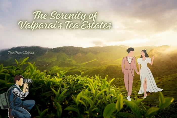 A wedding photographer from Bee Bee Videos discreetly snapshots a couple's tender moment against the verdant backdrop of Valparai's tea gardens