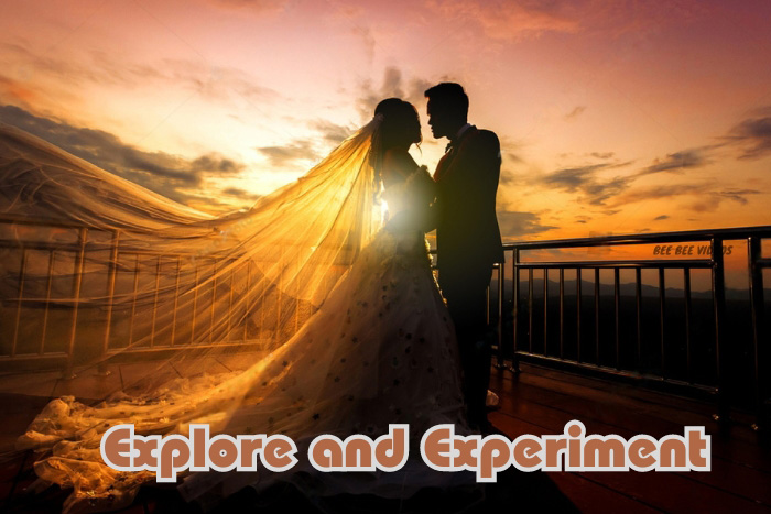 Bee Bee Videos in Coimbatore captures a breathtaking moment of a bride and groom against a dramatic sunset backdrop, symbolizing the adventurous spirit of love and the beauty of exploring life together through innovative wedding photography.