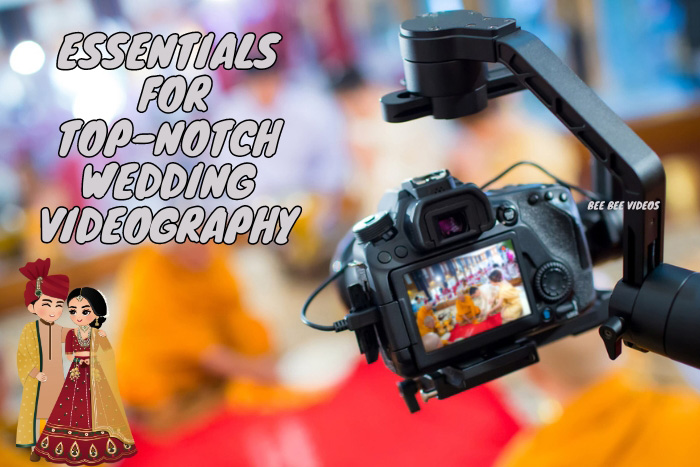 Professional wedding videography camera and equipment with animated bride and groom figures, showcasing Bee Bee Videos' top-notch wedding videography services in Coimbatore