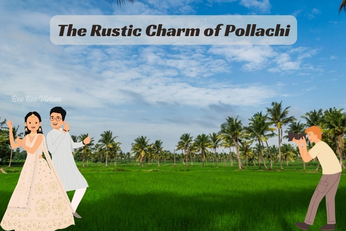 Bee Bee Videos captures the pastoral beauty of Pollachi with a happy couple celebrating their love amidst lush green fields, reflecting the area's natural elegance