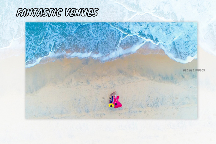 Aerial view of a couple's beachside photoshoot showcasing the fantastic venues offered by Bee Bee Videos for wedding photography in Coimbatore