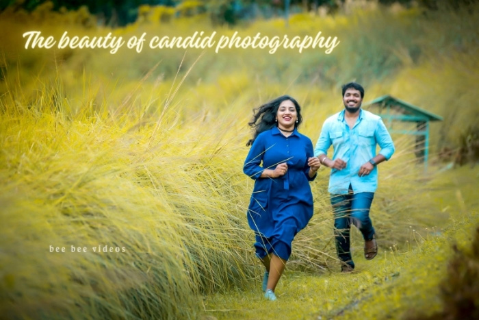 Joyful couple running hand in hand through a golden field in Coimbatore, epitomizing the beauty of candid photography by Bee Bee Videos.