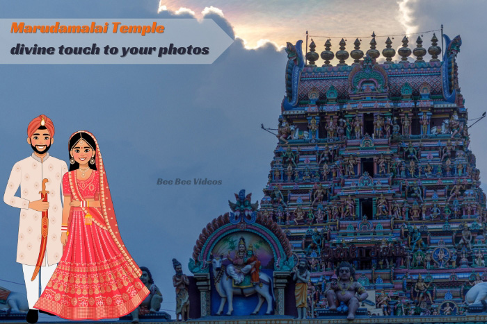 Animated couple in traditional wedding attire featured in a promotional image for Bee Bee Videos, with the Marudamalai Temple in Coimbatore as a picturesque backdrop, symbolizing a divine touch to wedding photography.