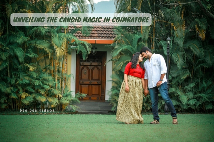 Engaged couple sharing an intimate moment in the lush greenery of Coimbatore, perfectly captured in a candid style by Bee Bee Videos.