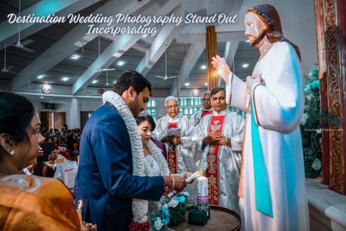 A couple's sacred moment of lighting the unity candle in a Coimbatore church ceremony, portrayed through Bee Bee Videos' destination wedding photography.