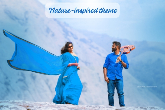 Coimbatore's natural splendor surrounds a couple in a harmonious blue theme for their pre-wedding photo session, elegantly shot by Bee Bee Videos.