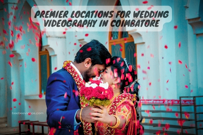 Bride and groom in a romantic embrace as rose petals fall, showcasing premier wedding videography locations in Coimbatore by Bee Bee Videos