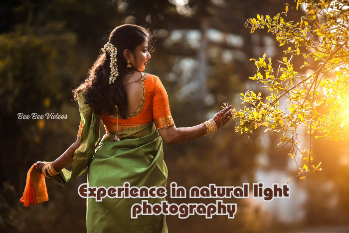 Expert natural light photography by Bee Bee Videos in Coimbatore captures the warm hues of sunset complementing the traditional attire of a bride-to-be
