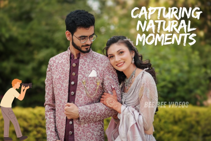 Elegant Indian couple in traditional wedding attire being photographed in a lush garden, demonstrating the skill of capturing natural moments by Bee Bee Videos, a renowned wedding photography service in Coimbatore