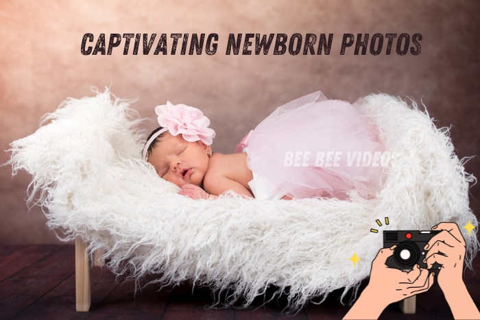 Captivating newborn baby girl sleeping peacefully in a fluffy white basket, dressed in a pink tutu and matching headband, photographed by Bee Bee Videos, professional newborn photographers in Coimbatore