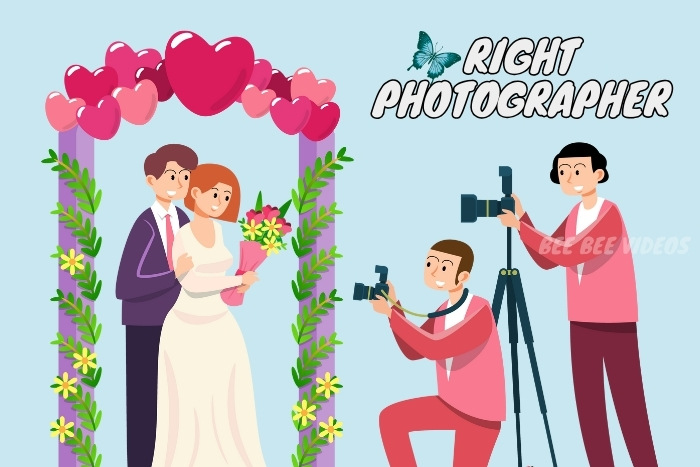 Colorful illustration by Bee Bee Videos showing a cartoon couple at their wedding under a floral arch with heart balloons, while photographers capture the moment, symbolizing expert wedding photography services in Coimbatore