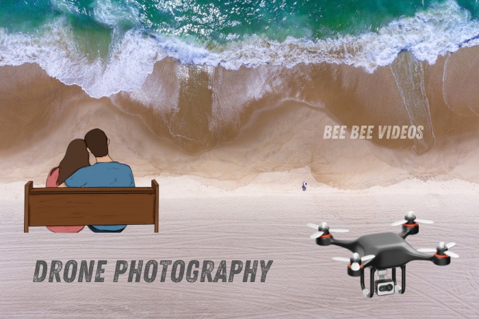 Aerial view of a couple sitting on a bench by the beach, showcasing the capabilities of drone photography, captured by Bee Bee Videos, leading drone photography experts in Coimbatore