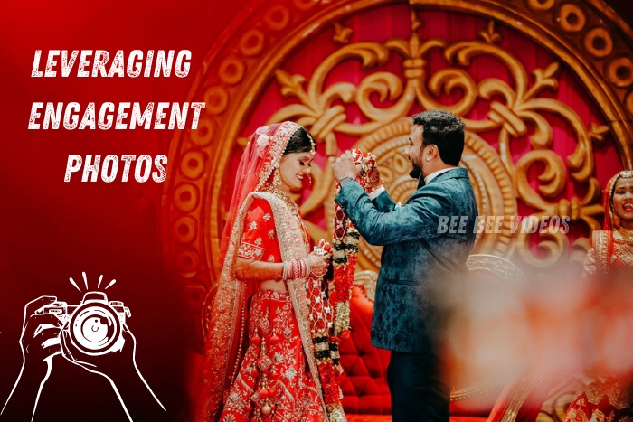Joyful Indian couple exchanging garlands durinAg their engagement ceremony, set against a vibrant red backdrop, expertly captured by Bee Bee Videos to leverage engagement photos in Coimbatore.