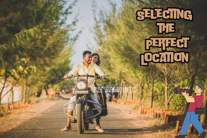 Happy couple riding a motorcycle on a tree-lined road, illustrating the importance of selecting the perfect location for photography sessions, captured by Bee Bee Videos, premier pre-wedding photographers in Coimbatore
