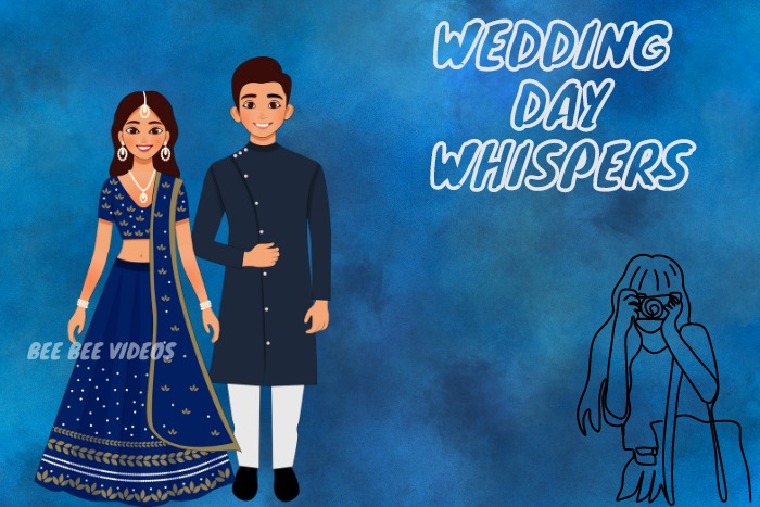 Creative promotional image for Bee Bee Videos, featuring a cartoon couple in traditional Indian wedding attire, designed to highlight the essence of Wedding Day Whispers, captured by a cartoon photographer on a vibrant blue background, perfect for engaging clients seeking unique wedding photography in Coimbatore