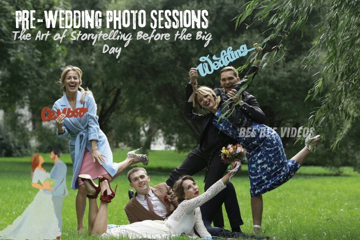 Joyful couple with friends in a playful pre-wedding photo session in a lush green park, showcasing the art of storytelling before the big day, captured by Bee Bee Videos, expert pre-wedding photographers in Coimbatore