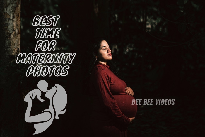 Pregnant woman in a serene forest setting, highlighting the best time for maternity photos, captured by Bee Bee Videos, expert maternity photographers in Coimbatore