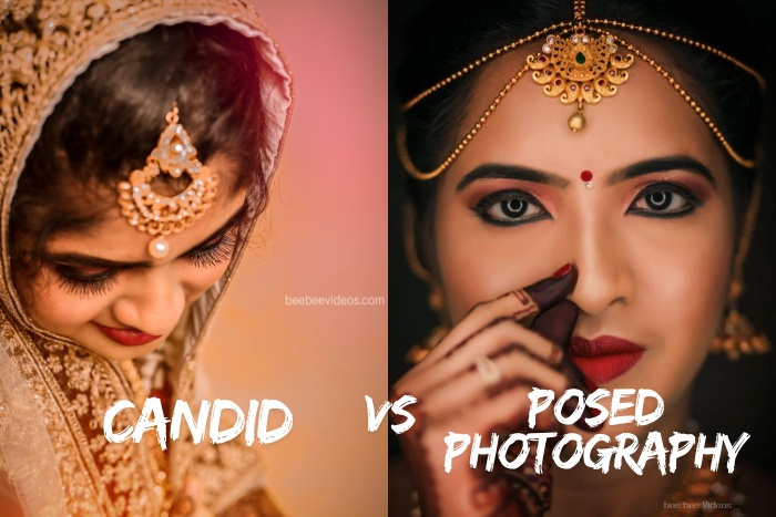 Stunning side-by-side comparison of candid and posed bridal photography showcasing traditional Indian wedding attire, expertly captured by Bee Bee Videos in Coimbatore, highlighting the beauty and emotion of wedding ceremonies
