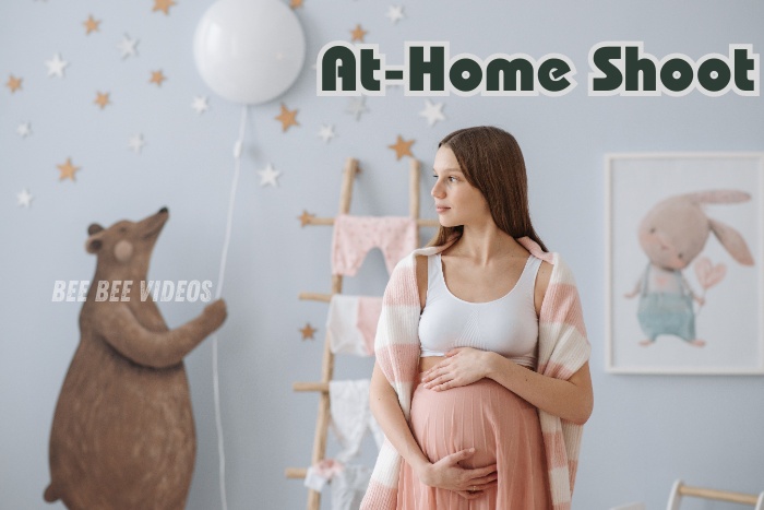 Expectant mother in a cozy home setting, highlighting the comfort of at-home maternity shoots by Bee Bee Videos in Coimbatore. Capture the intimate moments of your pregnancy with our personalized photography services