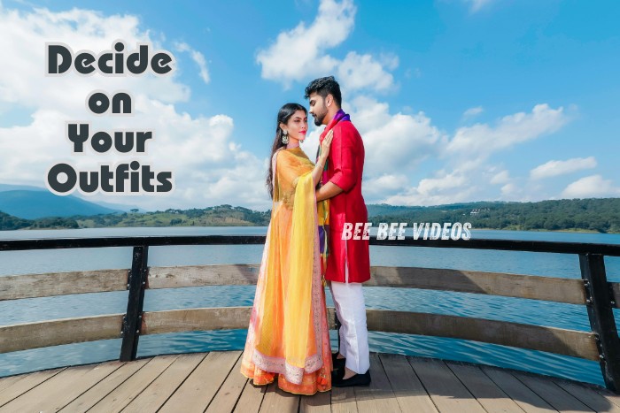 Couple dressed in traditional Indian attire for a pre-wedding photoshoot by the lake, captured by Bee Bee Videos in Coimbatore. Choose the perfect outfits to complement your photoshoot and create stunning memories with our professional photography services