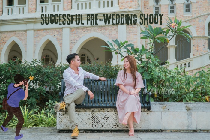 Happy couple posing on a bench in front of a charming building, showcasing a successful pre-wedding shoot, captured by Bee Bee Videos, expert pre-wedding photographers in Coimbatore