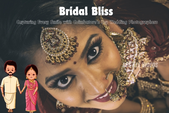 Beautiful bride in traditional Indian attire, showcasing the intricate details of her jewelry and makeup, captured by Bee Bee Videos, top wedding photographers in Coimbatore. Experience the joy of bridal bliss and capture every smile with our expert team