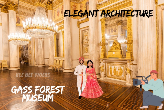 Elegant interior of Gass Forest Museum featuring a couple in traditional attire, showcasing the museum's stunning architecture, captured by Bee Bee Videos, expert pre-wedding photographers in Coimbatore