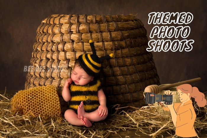 Adorable baby dressed in a bee costume, posed next to a large beehive, showcasing themed photo shoots, captured by Bee Bee Videos, expert kids photographers in Coimbatore