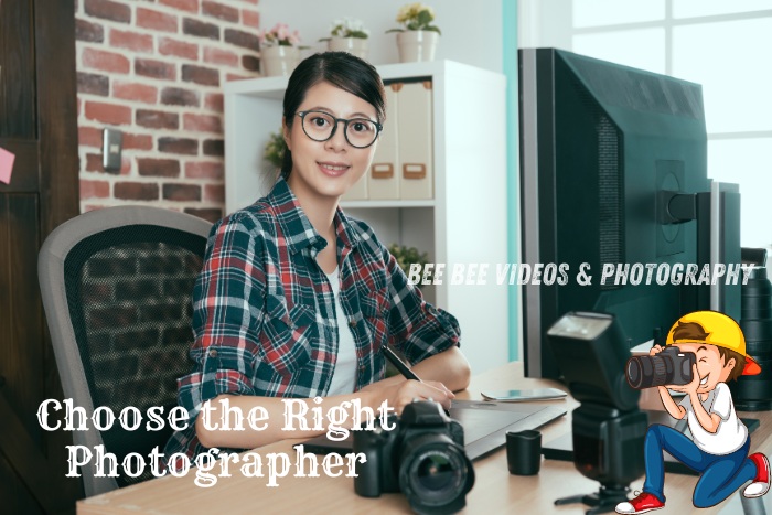 Bee Bee Videos & Photography in Coimbatore: Choose the right photographer for your special moments. Image of a professional female photographer in a casual plaid shirt, seated at her desk with camera equipment, ready to capture stunning photos