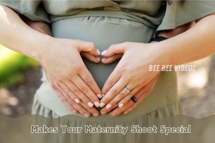 Close-up of couple forming a heart shape with their hands over the expecting mother's belly, captured by Bee Bee Videos & Photography in Coimbatore, emphasizing the special moments of a maternity shoot