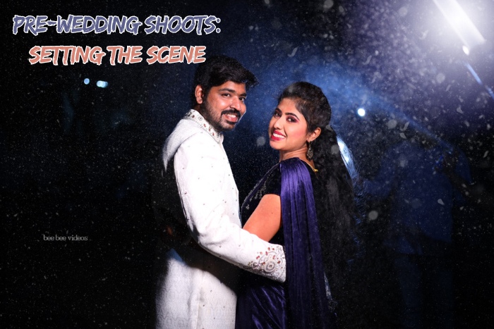 A couple from Coimbatore poses in an enchanting pre-wedding photoshoot setting, captured by Bee Bee Videos & Photography. The scene is beautifully lit, showcasing their happiness and love. Bee Bee Videos & Photography specializes in creating memorable pre-wedding shoots that set the perfect scene for your big day