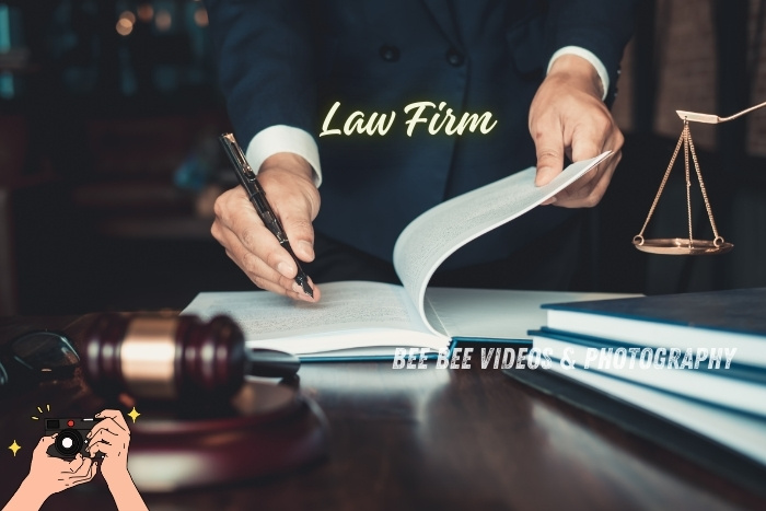 Professional law firm photography by Bee Bee Videos & Photography in Coimbatore. Close-up of a lawyer signing documents with a gavel and scales of justice in the background. Enhance your firm's image with expert corporate photography services.