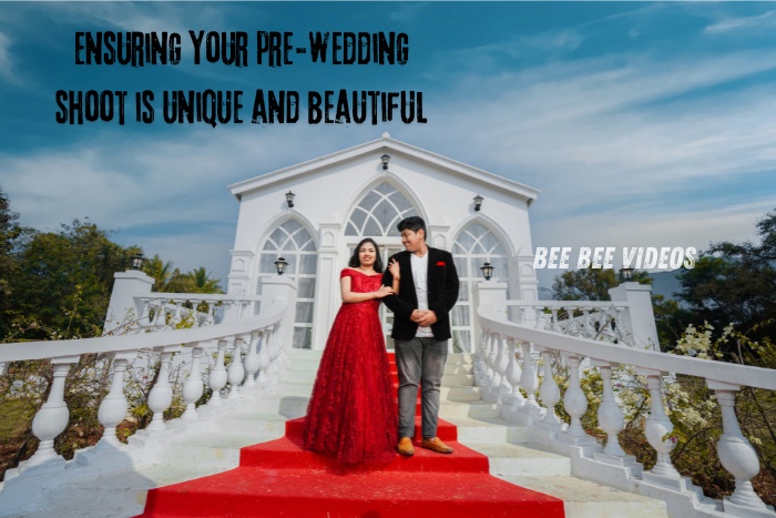 Couple in elegant attire posing in front of a picturesque white chapel, captured by Bee Bee Videos & Photography in Coimbatore, ensuring unique and beautiful pre-wedding shoots. Ideal for Coimbatore couples seeking memorable pre-wedding photos