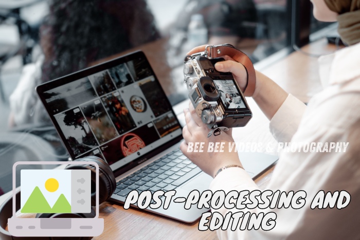 Post-processing and editing for wedding photography by Bee Bee Videos & Photography in Coimbatore. A photographer reviewing images on a camera and a laptop showcasing edited photos. Enhance your wedding album with professional editing services.