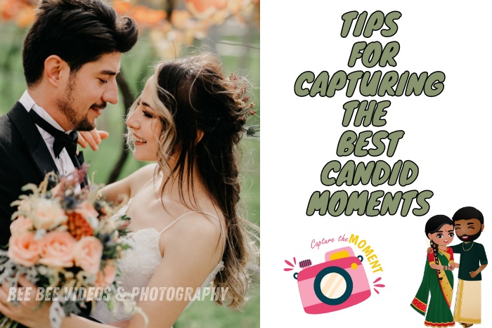 Bee Bee Videos & Photography in Coimbatore: Capturing candid moments of a couple's joyous celebration, featuring a smiling bride holding a bouquet and an attentive groom, showcasing expert tips for the best candid photography