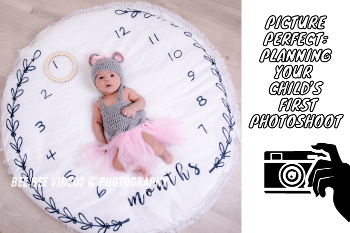 Adorable 6-month-old baby in a crochet outfit, posed on a milestone blanket, captured by Bee Bee Videos & Photography in Coimbatore. Perfect example of creative planning for a child's first photoshoot.