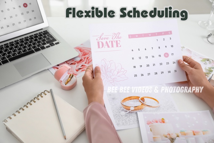 Bee Bee Videos & Photography in Coimbatore: Highlighting flexible scheduling for events, featuring a close-up of a person holding a 'Save the Date' calendar and surrounded by planning essentials, including a laptop and notepad