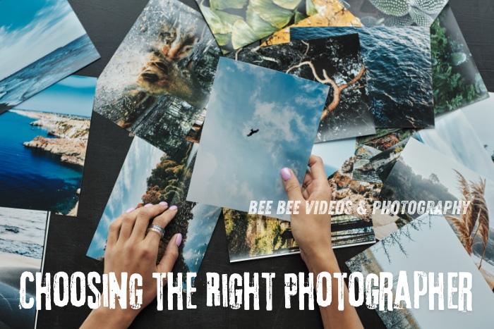 Person sorting through a collection of stunning landscape photos, symbolizing the importance of choosing the right photographer for your unique vision. Bee Bee Videos & Photography in Coimbatore offers expert photography services to capture your moments perfectly