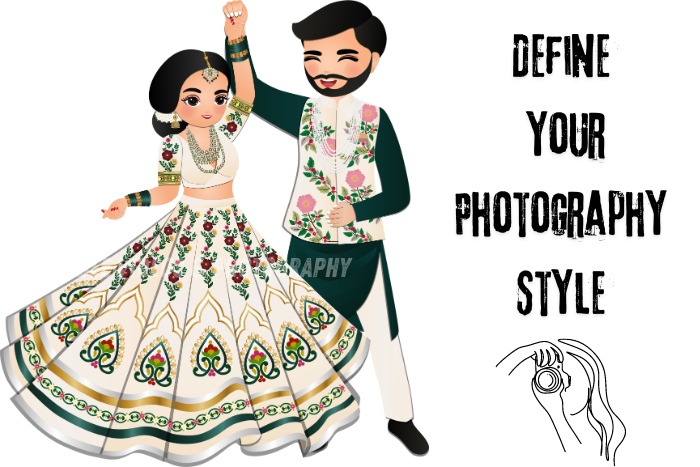 Bee Bee Videos & Photography in Coimbatore encourages clients to define their photography style for personalized wedding photography. Illustration of a joyful Indian couple in traditional attire, representing diverse photography styles offered for weddings