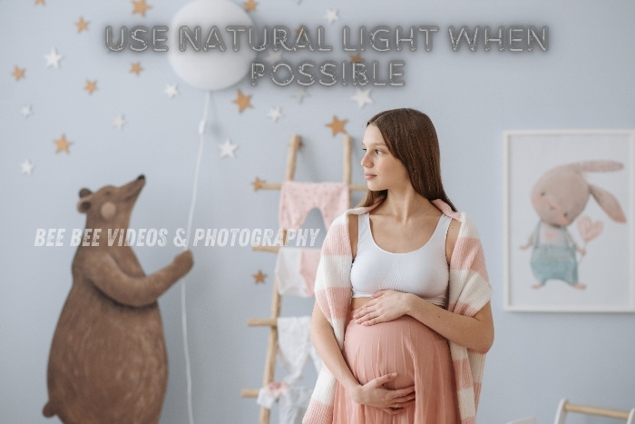 Bee Bee Videos & Photography in Coimbatore uses natural light for stunning maternity photography, capturing a pregnant woman in a softly lit, baby-themed room. Professional maternity photography with a focus on natural lighting for beautiful, serene images.