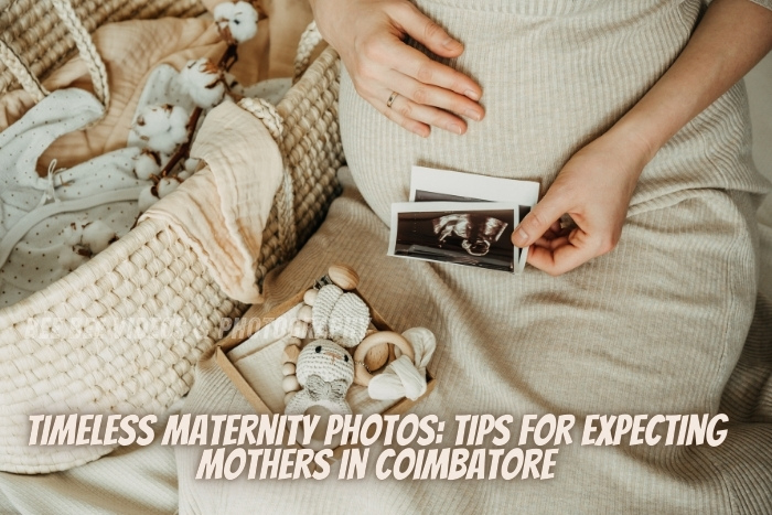 Expecting mother in Coimbatore cherishing ultrasound photos, captured by Bee Bee Videos & Photography, alongside baby essentials, highlighting the beauty of maternity photography