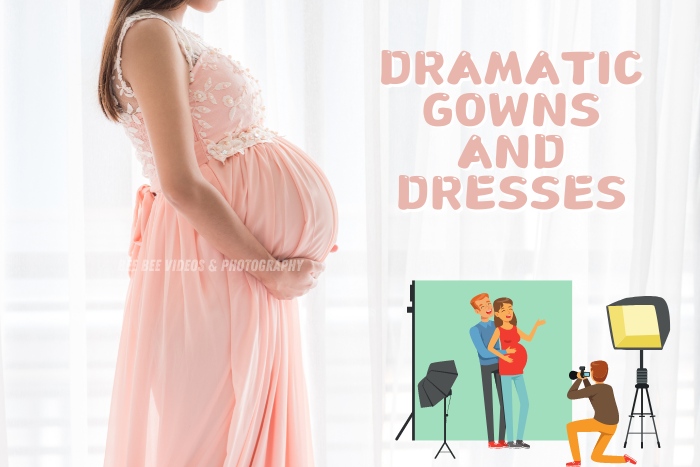 Pregnant woman in a beautiful gown during a maternity photoshoot, captured by Bee Bee Videos & Photography in Coimbatore, offering elegant maternity photography sessions with dramatic gowns and dresses