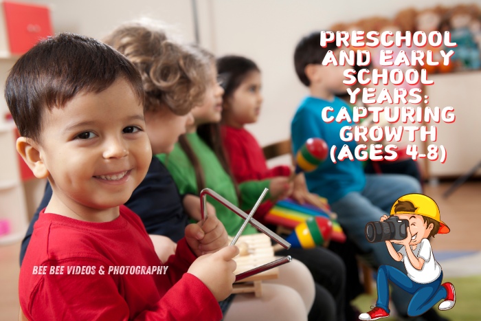 Smiling preschool children playing instruments, captured by Bee Bee Videos & Photography in Coimbatore, specializing in kids photography to document growth during the early school years (ages 4-8)