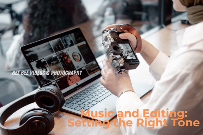 Photographer reviewing images on a laptop with editing tools, captured by Bee Bee Videos & Photography in Coimbatore, offering expert music and video editing services to set the right tone for your projects