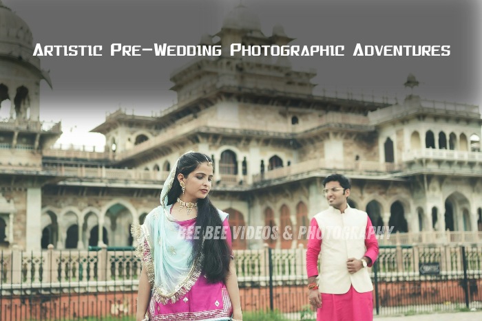 A couple poses in a stunning architectural backdrop for an artistic pre-wedding photoshoot. Captured by Bee Bee Videos & Photography in Coimbatore, specializing in creative and memorable pre-wedding photography. Perfect for couples looking to celebrate their love with unique, scenic captures