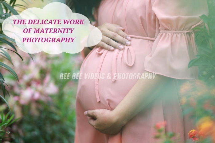 Soft focus on a pregnant woman in a pastel pink gown, surrounded by vibrant garden flowers, captured by Bee Bee Videos & Photography in Coimbatore. Celebrating the beauty of motherhood through delicate and elegant maternity photography