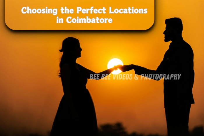 Silhouetted against a golden sunset, a couple poses at a breathtaking outdoor location. Bee Bee Videos & Photography in Coimbatore helps you choose the perfect spots for romantic pre-wedding shoots. Create timeless memories with expert photography in scenic Coimbatore