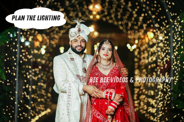 Bride and groom in traditional attire under magical wedding lighting captured by Bee Bee Videos & Photography