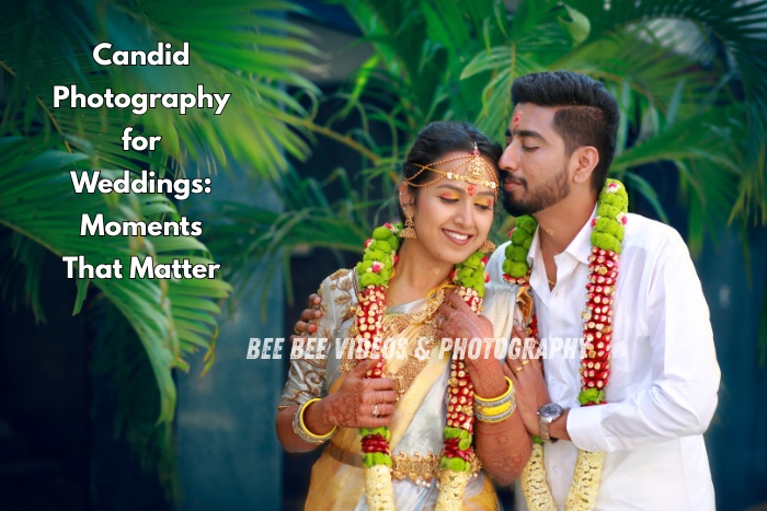 Joyful wedding couple captured in a candid moment with traditional garlands and attire at Bee Bee Videos & Photography in Coimbatore